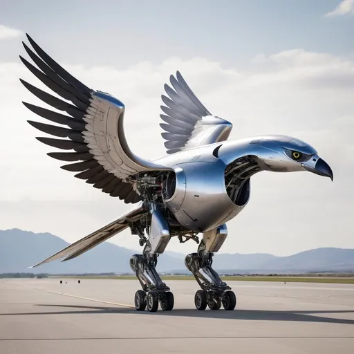 Prompt: a giant mechanical falcon.  

It is an Airplane.

Intakes for the engine are in the front.

Jets exhaust in the back, and out of the legs.

All the Feathers can move, so to change aerodynamics. Some lift on the back to slow the bird in flight.  

The Flight Feathers of the Bird hold smaller jets that add maneuverability and agility.

The Feathers look like scales or plating on the body.

The entire looks like a sleek jet aircraft. 

It is larger than a Bus. 

It has giant Robotic Talons.

The Bird looks nimble, yet scary.

It is used most often for rescue missions. 

Its wings works like a bird, but it is an airplane. 

The feet have claws, and act like the jaws of life, a powered tool,

the wings are able to bend and move like a bird. 

The wings have a joint in the middle of the wings that can bend.  

The Vehicle is large, able to rescue a passenger jetliner. 