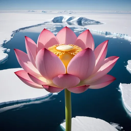 Prompt: High above Antarctica, a giant Lotus Blossom floats in orbit of the Earth, the stem reaching the earth far below., it is not in water, but so big, it floats on the top of air like a balloon.


