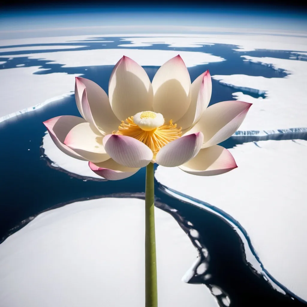 Prompt: High above Antarctica, a giant Lotus Blossom floats in orbit of the Earth, the stem reaching the earth far below., it is not in water, but so big, it floats on the top of air like a balloon.
The you can easily see the curve of the earth in background, higher than any airoplane flies.

