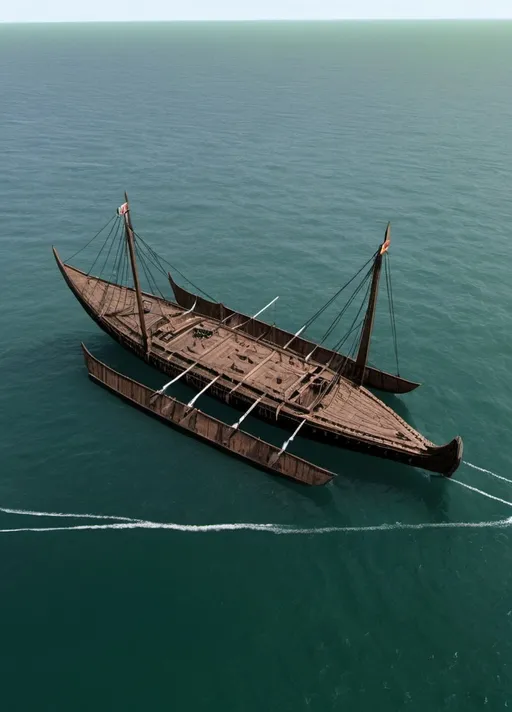 Prompt: A Trimaran. It looks like a large trireme is the center hull and viking longboats on both sides as outriggers: making one very large ship.

The Ship is black, it looks old, and covered in tarnished silver and green copper.

Two large Outriggers sit in the water on each side of the ship to stabilize the massive ship, and prevent it from capsizing.  



