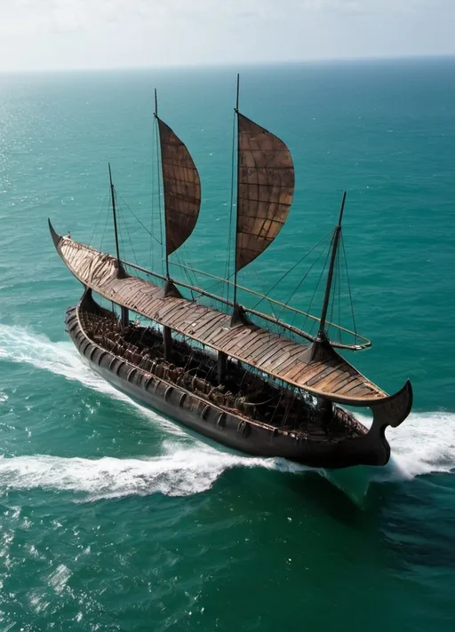 Prompt: A Trimaran. It looks like a large trireme is the center hull and viking longboats on both sides as outriggers: making one very large ship.

The Ship is black, it looks old, and covered in tarnished silver and green copper.

Two large Outriggers sit in the water on each side of the ship to stabilize the massive ship, and prevent it from capsizing.  



