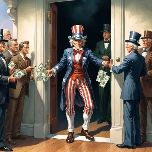 Prompt: Uncle Sam stands in a doorway.
He is holding the door open and rich person is entering.  
Uncle same is holding onto money.
Many other people stand around, but they are not allowed in Congress. 
