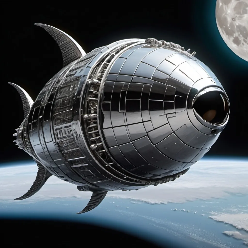 Prompt: An enormous spaceship, one that resembles a fish, sits in orbit of the moon.  The mouth and gills work to cool the ship: and looks very mechanical to open and close.

The ship is futuristic, smooth and moves like a fish.  It is Chrome, and has thousands of little surface scales.