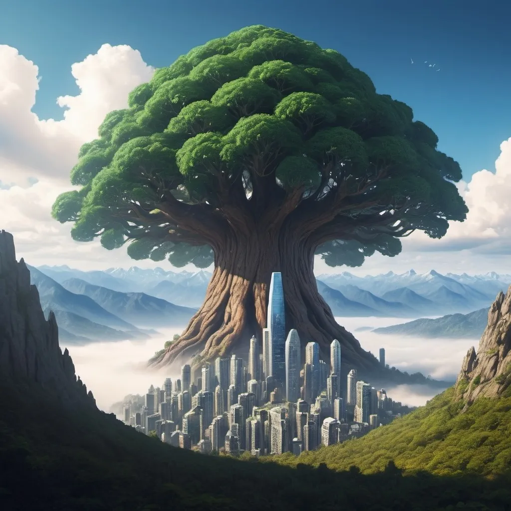 Prompt: Far off on the horizon and beyond mountains: a giant tree can be seen.  The tree is so big it makes a mountain look small.  The Tree is a futuristic city.  The trunk of the tree is covered in windows.  Make the giant tree bigger.

