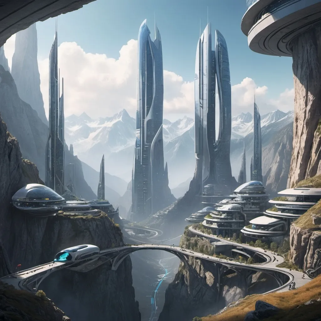 Prompt: A futuristic city in, on, and through a high mountain top.
