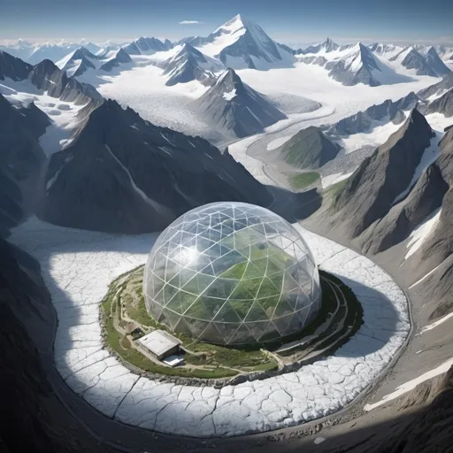 Prompt: a Biosphere built and on, in, and through the glacier of a high Mountain peak.  Smaller closed Arboretums dot the landscape.
