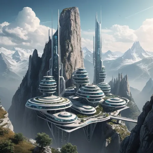 Prompt: A futuristic city in, on, and through a mountain top.
