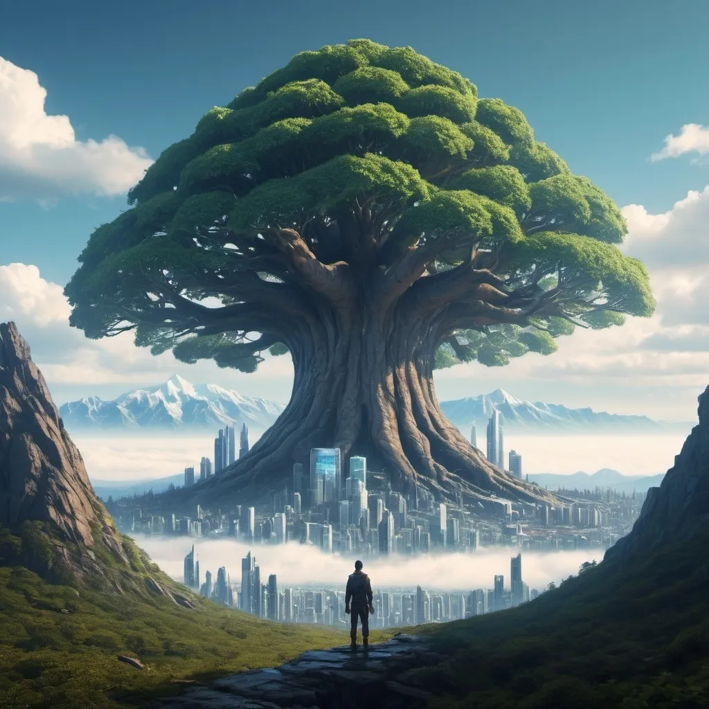 Prompt: Far off on the horizon and beyond mountains: a giant tree can be seen.  The tree is so big it makes a mountain look small.  The Tree is a futuristic city.  The trunk of the tree is covered in windows.

