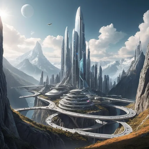 Prompt: A futuristic city in, on, and through a high mountain top.
