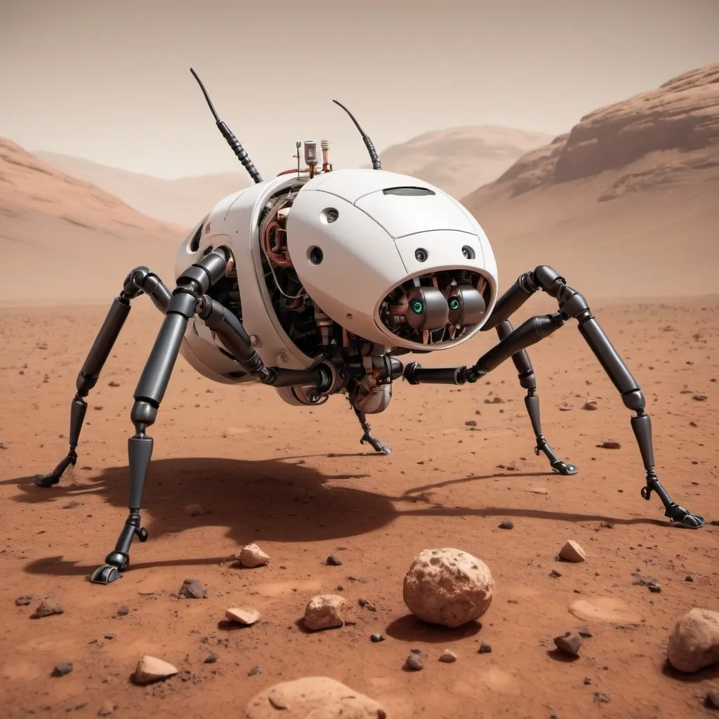 Prompt: A large mechanical ant on Mars.  It is a maintenance drone. 

It looks able to fix anything with its mouth, and is a happy robot.
