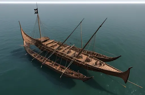 Prompt: A massive Trimaran: a Trireme is the center hull of the ship, and two Viking Longboats are used for outriggers place on port and starboard sides of the Central Trireme.  The Ships is very larger and stout, and the Viking Longboats are bound to the large central trireme hull with two trusses attached to the masts of the Trireme and the masts of the The Longboat outriggers.  

It is a Pirate Ship: its  black in color, clad in tarnished silver metal plating, and gilded in old copper that has turned green with age, it is an old and scary ship.  It dangerous looking ship that is breaking through a fog.   


