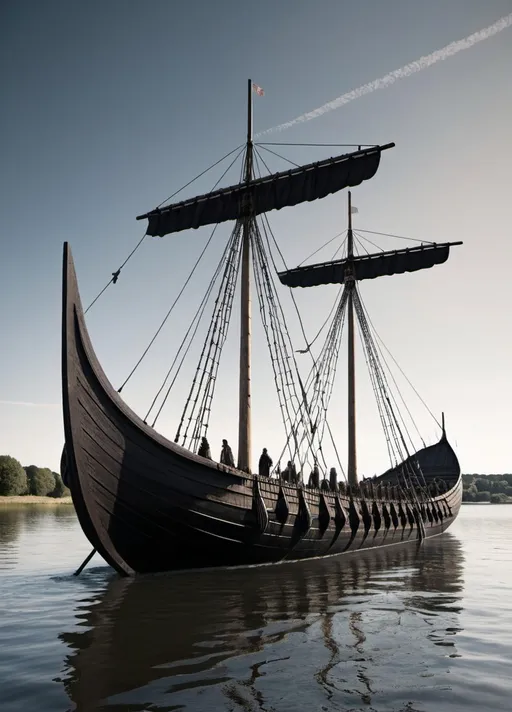 Prompt: A massive ship, black and dark.  It is like very large Trireme with two viking longboats used as pontoons.  The Viking longboats are connected with heavy wooden beams to the trireme.  The Beams connecting the trireme to the viking longboat are high above the oars, so the ship is a three hulled swath design.