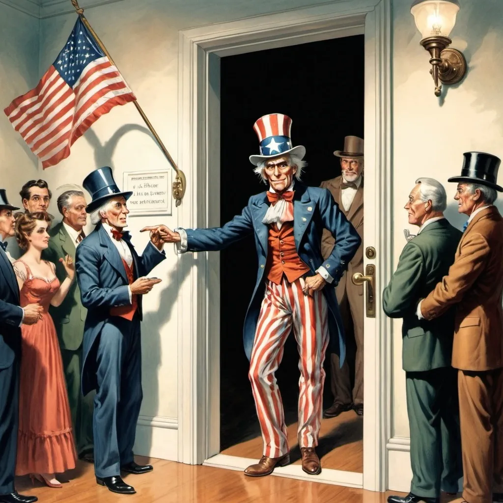 Prompt: Uncle Sam stands in a doorway.
He is holding the door open and rich person is entering.  
Uncle same has money in his hand.
Many other people stand around, but they are not allowed in Congress. 
