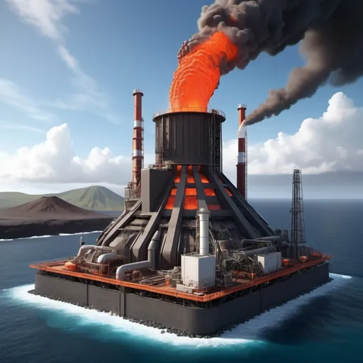 Prompt: A Futuristic power plant uses a volcano for its power.  Lava Bricks are made, kilns dry materials, iron furnaces and glass blowers all work off the free heat provided by the volcano.  Lava flows through creating power.

Ocean water is pumped in and salt is refined out as steam is collected to run as fresh water.

It is an offshore rig