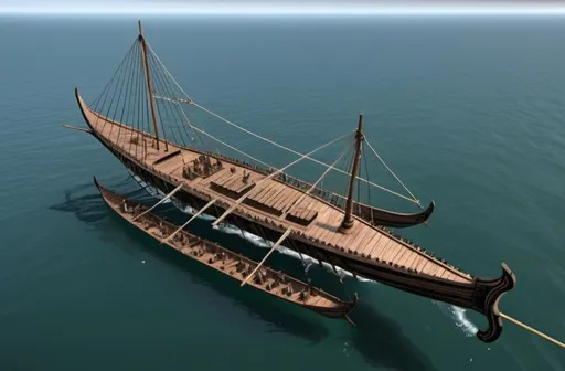 Prompt: A massive Trimaran: made from a Trireme as the center hull of the ship, with two large Viking Longboats used for outriggers.  The Outriggers are place on port and starboard sides of the Central Trireme.  The Ships is very larger and stout, and the Viking Longboats are bound to the large central trireme hull with four trusses attached to the base of the masts.  The Trireme and the Longboats used as outriggers both have short masts with small sails.  

It is a Pirate Ship, it is black in color, clad in tarnished silver metal plating, and gilded in old copper that has turned green with age.  It is an old and scary ship.   

It has a giant metal keel at the prow. and a the sails are black.

Three ships abreast, but working and moving as one.  

The masts are aligned along the middles of each of the three ships.

All three ships are in the water, the biggest middle ship is heavy set in the water.
