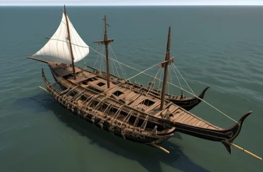 Prompt: An Ancient Pirate Ship.  It is black, coated in plates of tarnished silver, and gilded in copper turned olive green.

The Three ships form a trimaran.  

The Ship is made of a large trireme and two Viking Longboats act at the outrigger pontoons.  Three Ships that work as one, joined with trusses and timber. 

 
