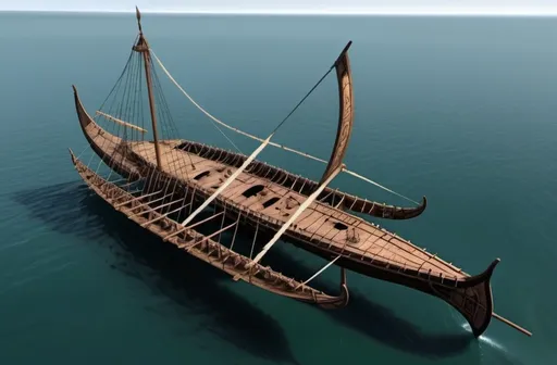 Prompt: A massive Trimaran: made from a Trireme as the center hull of the ship, with two large Viking Longboats used for outriggers.  The Outriggers are place on port and starboard sides of the Central Trireme.  The Ships is very larger and stout, and the Viking Longboats are bound to the large central trireme hull with four trusses attached to the base of the masts.  The Trireme and the Longboats used as outriggers both have short masts with small sails.  

It is a Pirate Ship, it is black in color, clad in tarnished silver metal plating, and gilded in old copper that has turned green with age.  It is an old and scary ship.   

It has a giant metal keel at the prow. and a the sails are black.

Three ships abreast.  


