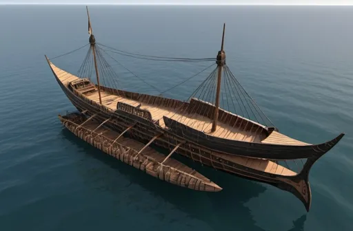 Prompt: A massive Trimaran: made from a Trireme as the center hull of the ship, with two large Viking Longboats used for outriggers.  The Outriggers are place on port and starboard sides of the Central Trireme.  The Ships is very larger and stout, and the Viking Longboats are bound to the large central trireme hull with four trusses attached to the base of the masts.  The Trireme and the Longboats used as outriggers both have short masts with small sails.  

It is a Pirate Ship, it is black in color, clad in tarnished silver metal plating, and gilded in old copper that has turned green with age.  It is an old and scary ship.   

It has a giant metal keel at the prow. and a the sails are black.
 


