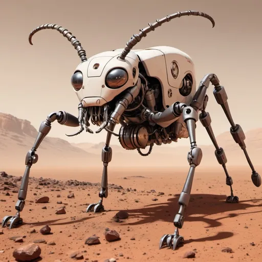 Prompt: A large mechanical ant on Mars with large mandibles that look like pliers. 

It looks able to fix anything, and is a happy robot.