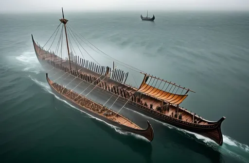 Prompt: A massive Trireme with Viking Longboats for outriggers.  The Ships is very larger, and the Viking Longboats are bound to the large central hull.  

The Ship is black as night, clade in tarnished silver and copper that has turned green with age, it is old and scary.  A Mean looking ship that is breaking through a fog.   
