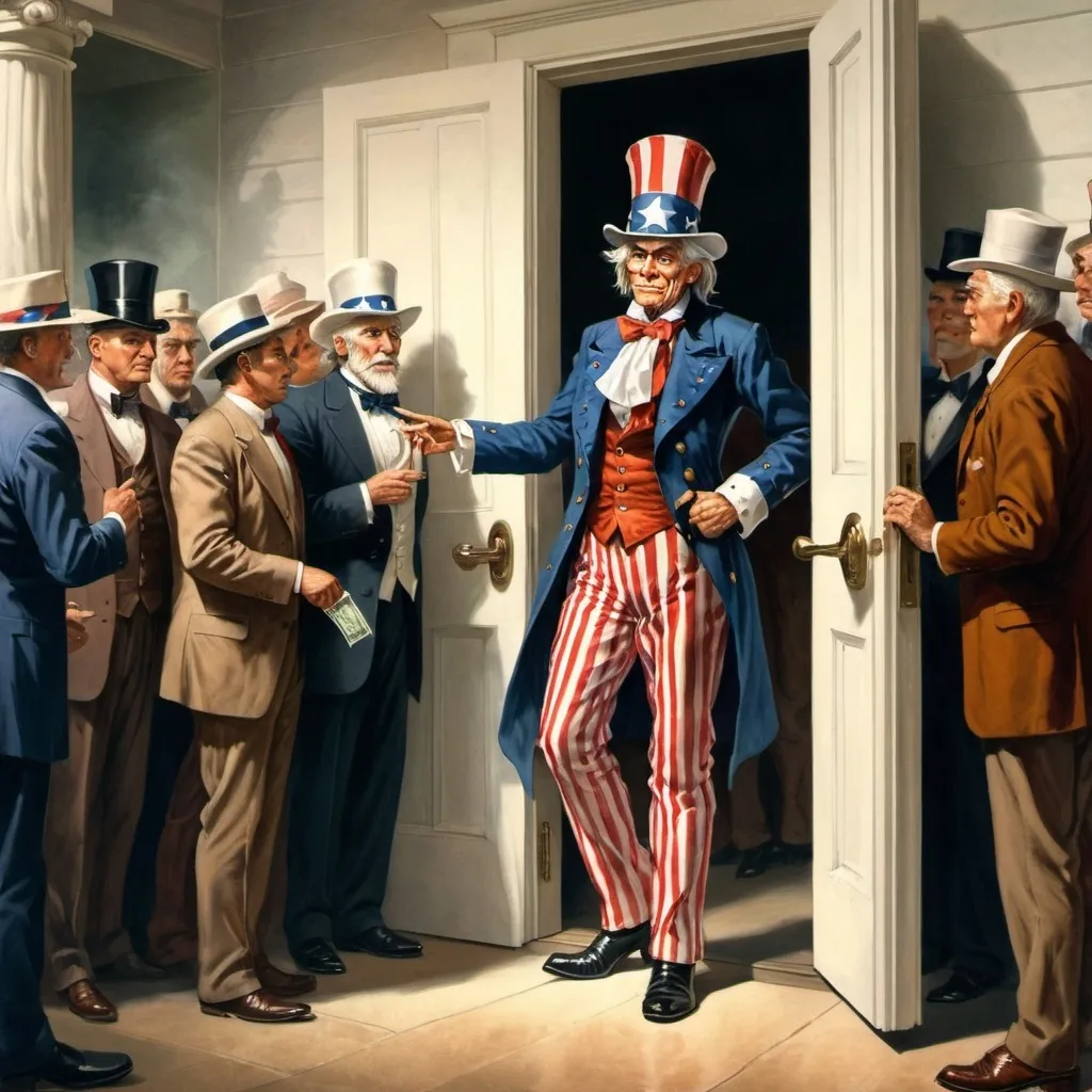 Prompt: Uncle Sam stands in a doorway.
He is holding the door open and rich person is entering.  
Uncle same has money in his hand.
Many other people stand around, but they are not allowed in Congress. 
