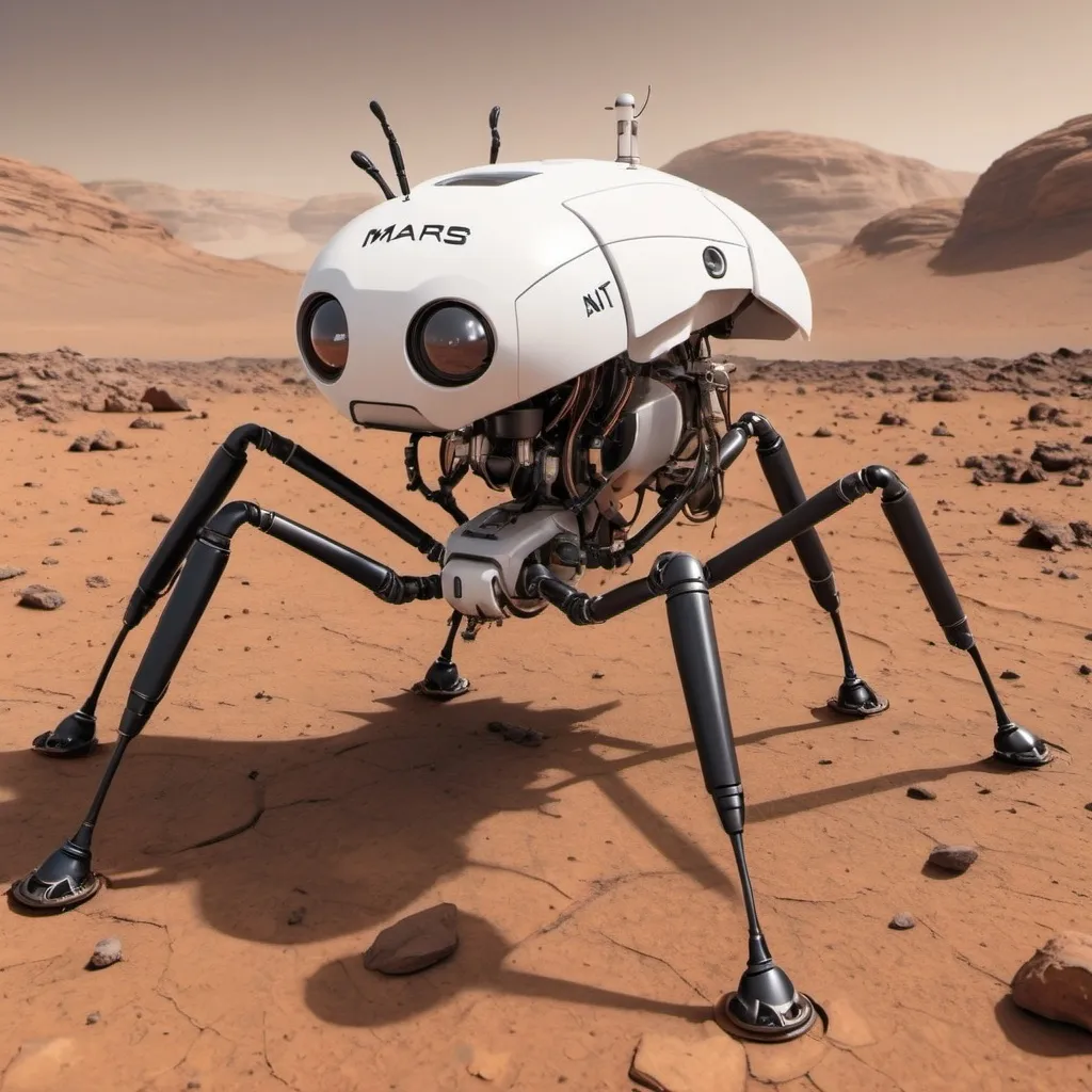 Prompt: A large mechanical ant on Mars.  IT is a maintenance drone. 

It looks able to fix anything, and is a happy robot.

The mechanical ant Ant robot is helping put together a shelter.