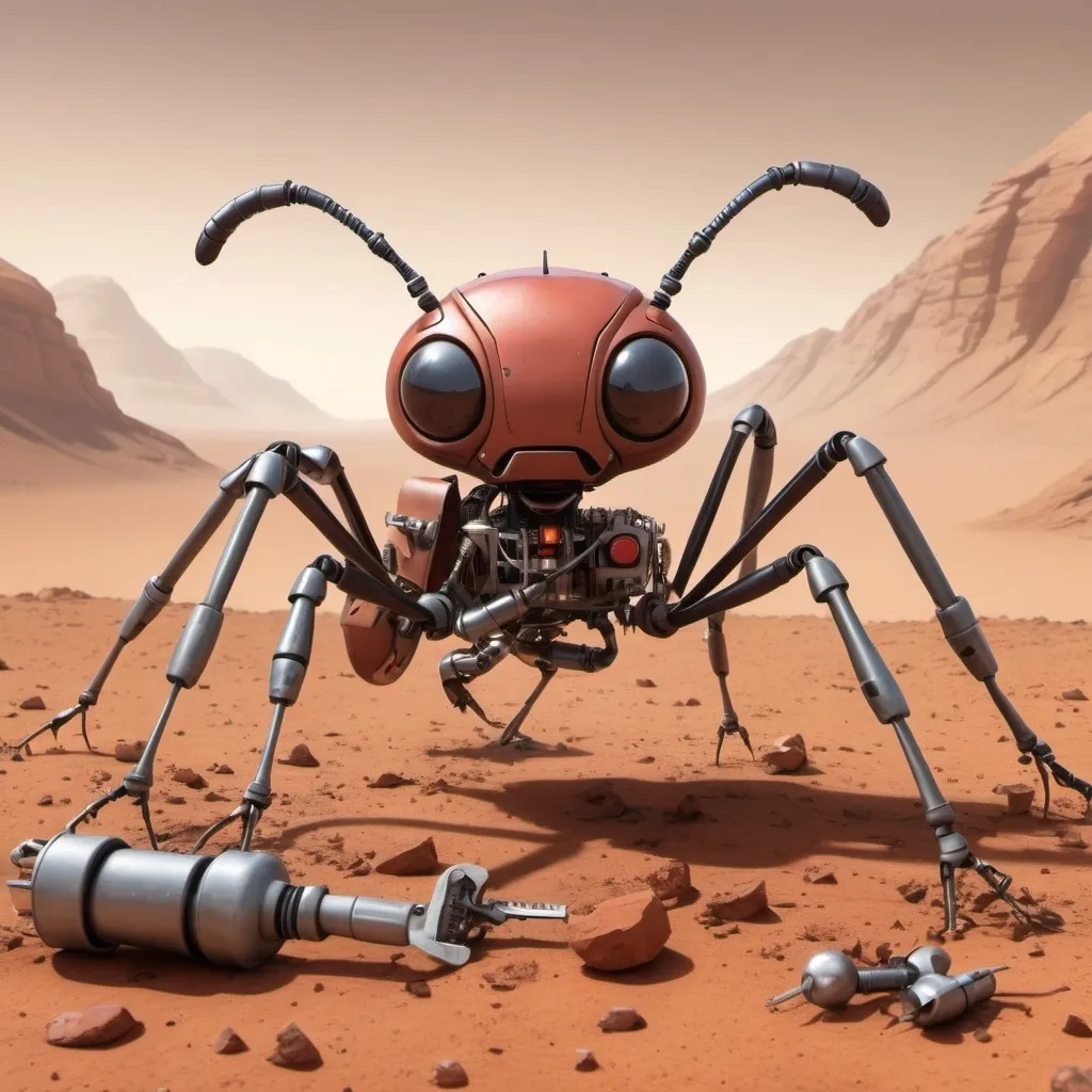 Prompt: A large mechanical ant on Mars with a mouth full of tools. 

It looks able to fix anything, and is a happy robot.

The Ant robot is helping make a shelter.