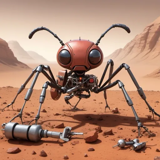 Prompt: A large mechanical ant on Mars with a mouth full of tools. 

It looks able to fix anything, and is a happy robot.

The Ant robot is helping make a shelter.