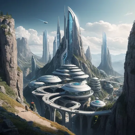 Prompt: A futuristic city in, on, and through a mountain top.
