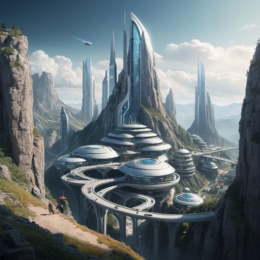 Prompt: A futuristic city in, on, and through a mountain top.
