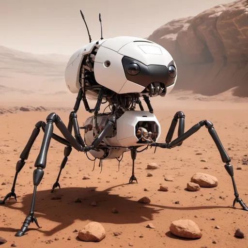 Prompt: A large mechanical ant on Mars.  IT is a maintenance drone. 

It looks able to fix anything, and is a happy robot.

The mechanical ant Ant robot is helping put together a shelter.