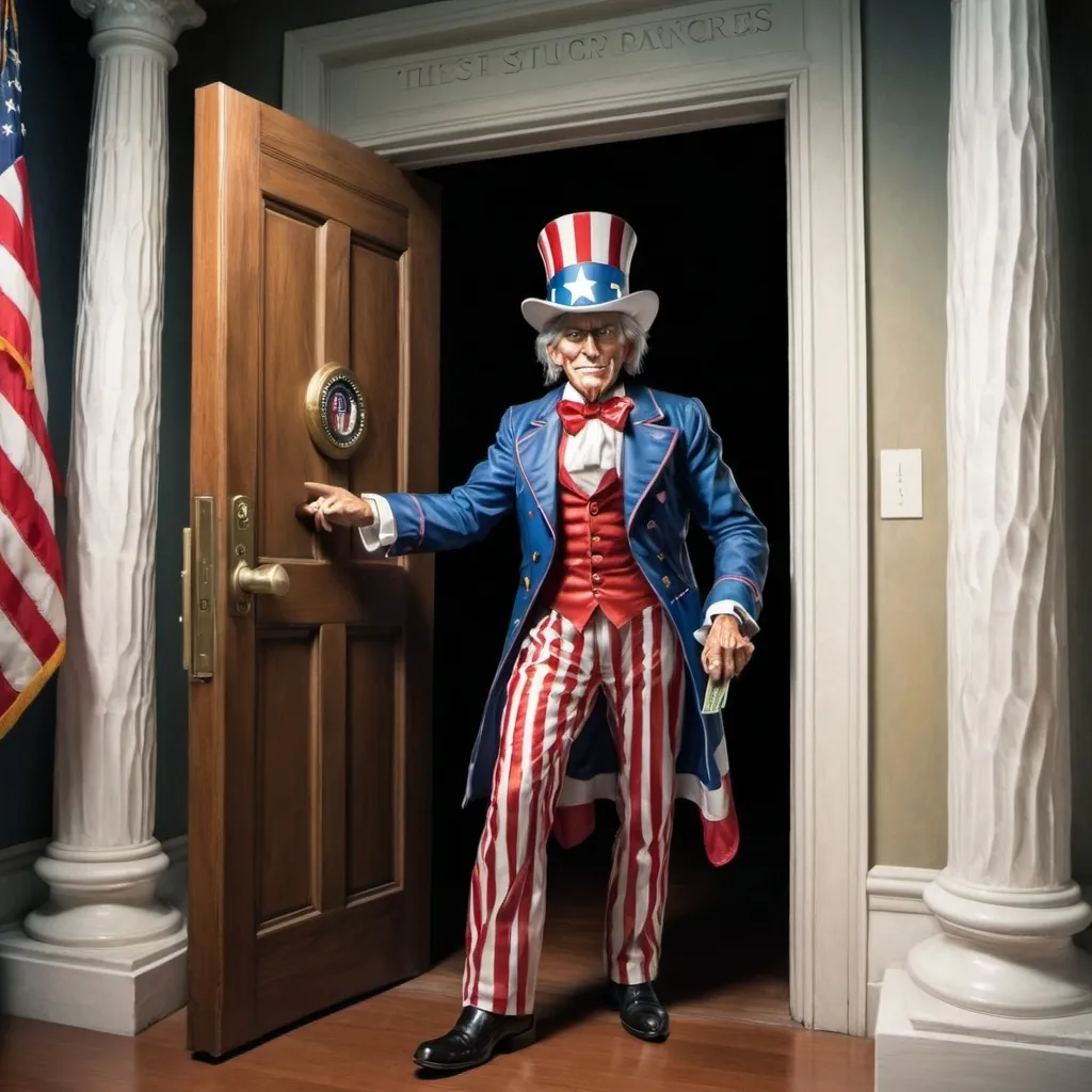 Prompt: Uncle Sam stands in  a doorway.
 He is holding the door open and a rich person is entering.  
Uncle same has money in his other hand.
Many other people stand, but are not allowed in Congress. 
