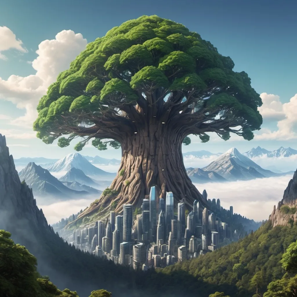 Prompt: Far off on the horizon and beyond mountains: a giant tree can be seen.  The tree is so big it makes a mountain look small.  The Tree is a futuristic city.  The trunk of the tree is covered in windows.  The tree is even larger.

