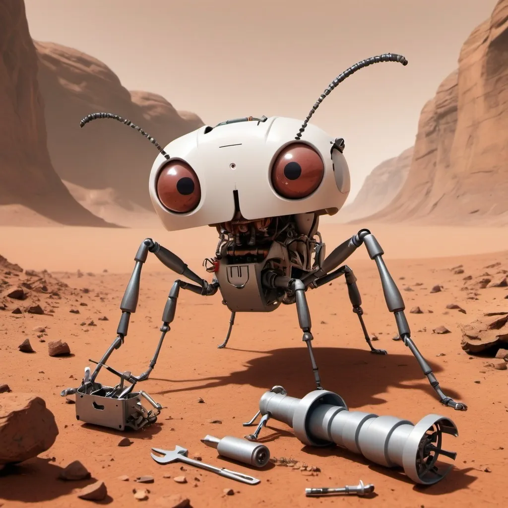 Prompt: A large mechanical ant on Mars with a mouth full of tools. 

It looks able to fix anything, and is a happy robot.

The Ant robot is helping put together a shelter.