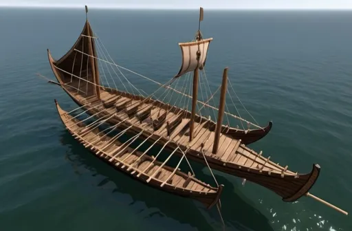 Prompt: An Ancient Pirate Ship.  It is black, coated in plates of tarnished silver, and gilded in copper turned olive green.


The Ship is made of a large trireme with two Viking Longboats acting at the large outriggers.  Three Ships that work as one, joined with trusses and timber, but not a deck.  The Trusses and Timbers connecting the Viking Longboat outriggers on both sides of the Trireme function like a hinge: allowing each boat to move up and down independently. 

The Middle ship has 120 oars as 60 per side, the viking Long Boat outriggers each have 50 oars on their outermost side. 
 
The trusses and timbers connecting the Viking Longboats to the Trireme span about 3 Meters of open water, The timbers and trusses connecting the ships are high above decks, and connect the masts of the two Viking longboats and one trireme are all acting as one, and allowing the oars from the trireme to enter the water in the space between the Trireme and the longboats.
