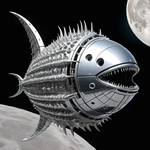 Prompt: An enormous, spaceship that resembles a fish, sits in orbit of the moon.  The mouth and gills work to cool the ship: and looks very mechanical.

The ship is futuristic, smooth and moves like a fish.  It is Chrome, and covered in tiny spikes, and thousands of little scales that provide omni-directional communications.