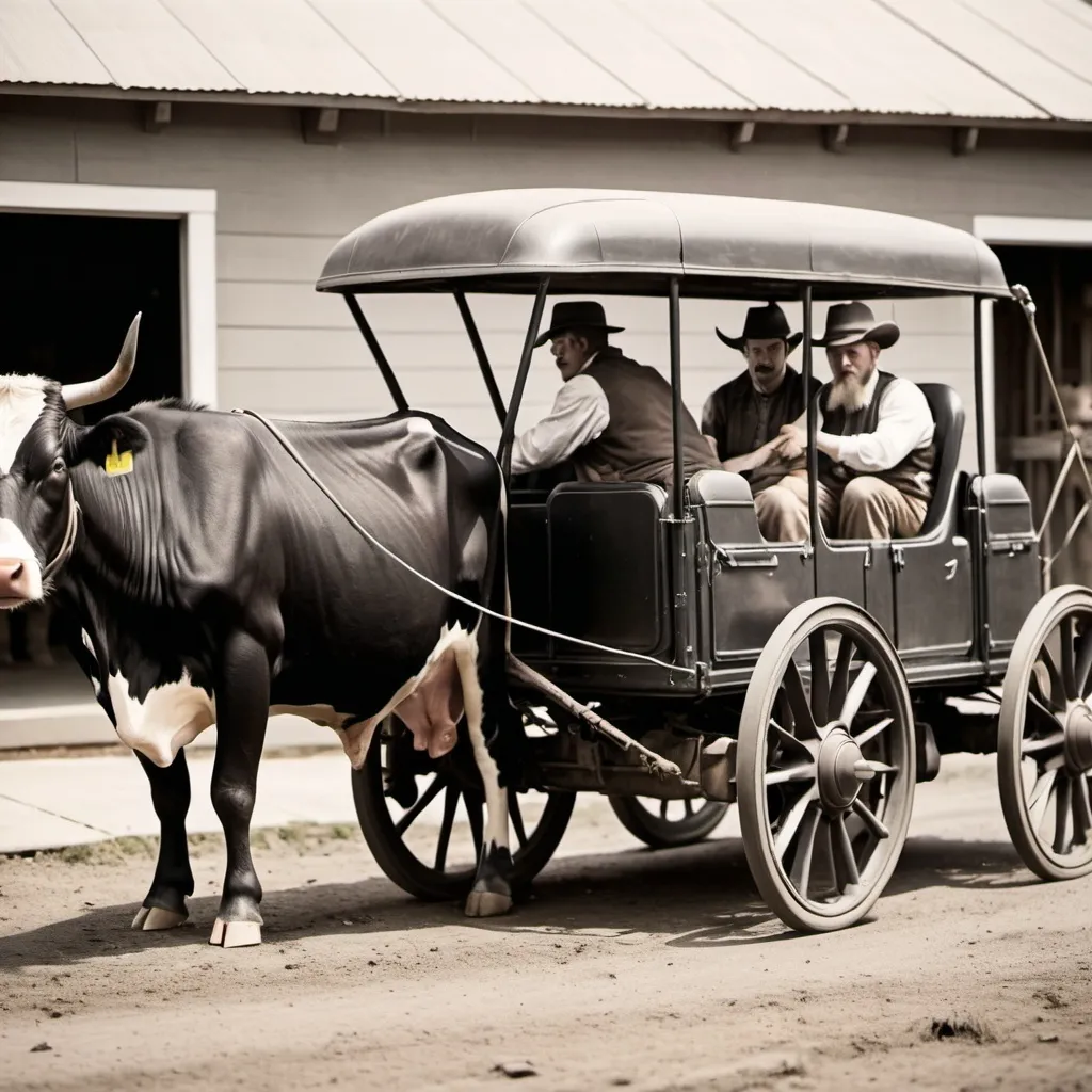 Prompt: A Wagon Driver Sits on the Back window of a Electric Tesla Vehicle, his feet on the trunk, the Driver is directing two cows yoked and hitched to the rear bumper, and the car being pulled backwards like it was a wagon.