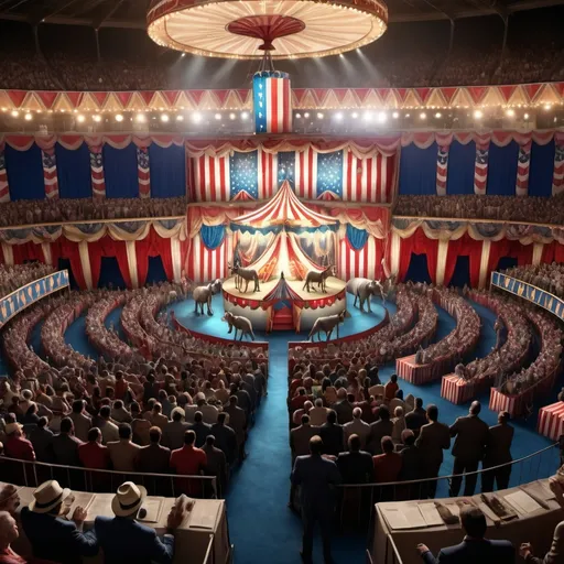 Prompt: The Congress of the United States sits in Full Session.  Make it a circus with a donkey and an elephant.