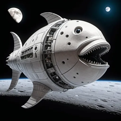 Prompt: An enormous, fish shaped spaceship sits in orbit of the moon.  The mouth and gills work to cool the ship: and looks very mechanical.

The ship is futuristic, smooth and moves like a fish.