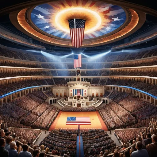 Prompt: An arena, a massive crowd watches,  at the center of the arena  is the Congress of the United States.
