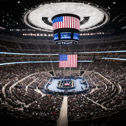 Prompt: An arena, a massive crowd watches,  at the center of the arena  is the Congress of the United States.
