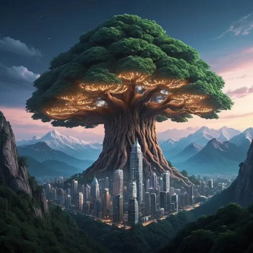 Prompt: Far off on the horizon and beyond mountains: a giant tree can be seen.  The tree is so big it makes a mountain look small.  The Tree is a futuristic city.  The trunk of the tree is covered in windows.  Make the giant tree bigger.
The Canopy lights up
