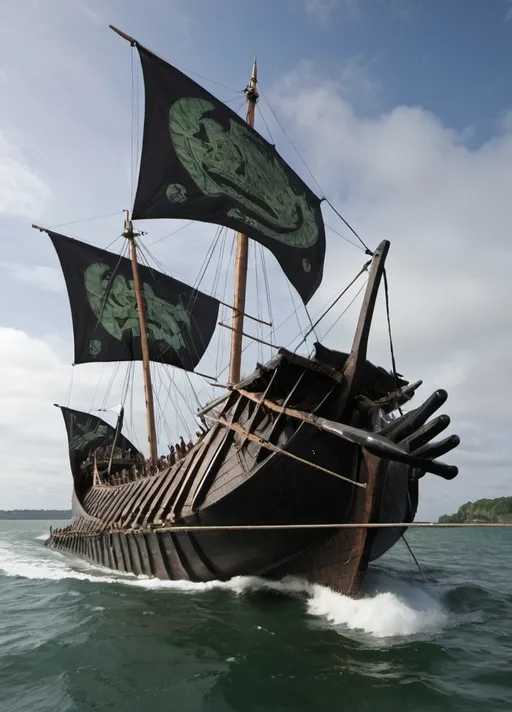 Prompt: A Trimaran. It looks like a large trireme is the center hull and viking longboats on both sides as outriggers: making one very large ship.

The Ship is black, it looks old, and covered in tarnished silver and green copper.

Two large Outriggers sit in the water on each side of the ship to stabilize the massive ship, and prevent it from capsizing.  



