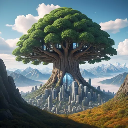 Prompt: Far off on the horizon and beyond mountains: a giant tree can be seen.  The tree is so big it makes a mountain look small.  The Tree is a futuristic city.  The trunk of the tree is covered in windows.  The tree is even larger.

