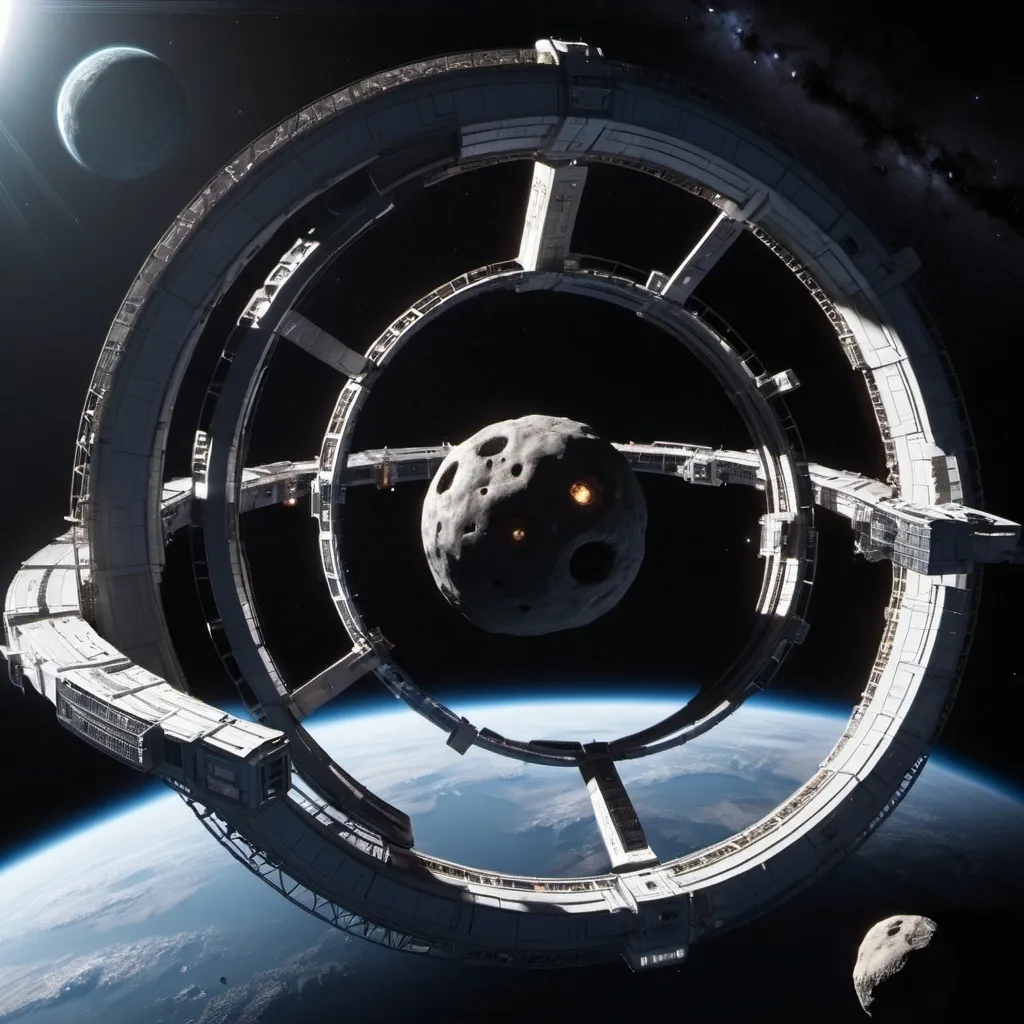 Prompt: Out in Deep space, a large futuristic space station sits.  It is the shape of a giant ring.

It has a very larger Asteroid at the center of the space inside.