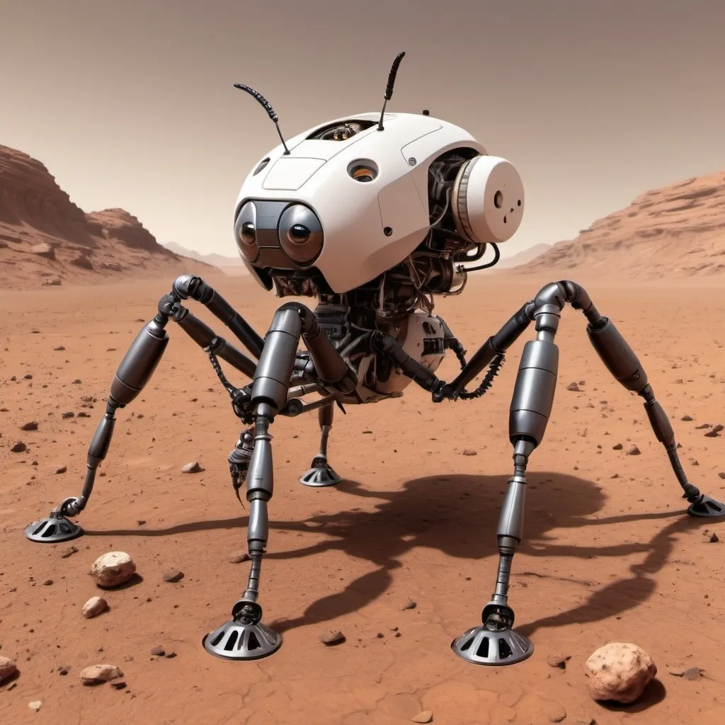 Prompt: A large mechanical ant on Mars.  It is a maintenance drone. 

It looks able to fix anything with its mouth, and is a happy robot.
