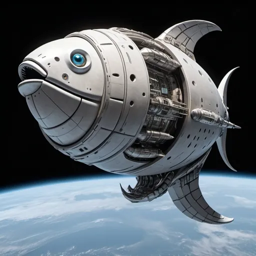 Prompt: An enormous, fish shaped spaceship sits in orbit of the moon.  The mouth and gills work to cool the ship: and looks very mechanical.

The ship is futuristic, smooth and moves like a fish.