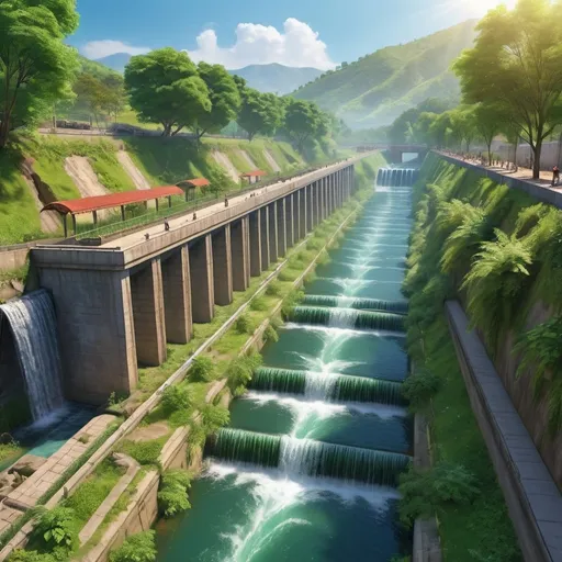 Prompt: A canal with a gentle downward slope and a dam with hundreds of tiny water falls every 5 meters.  