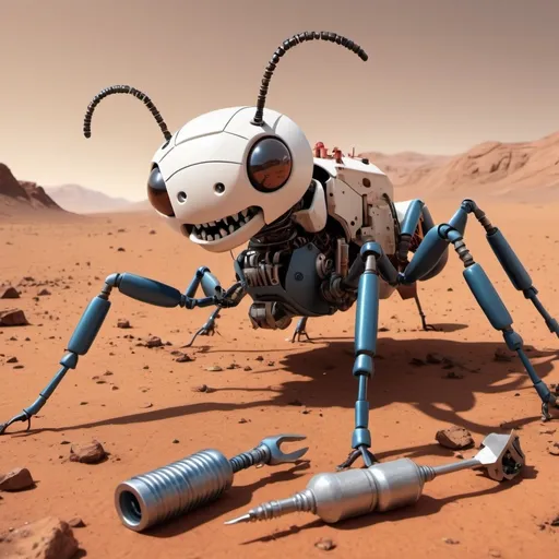 Prompt: A large mechanical ant on Mars with a mouth full of tools. 

It looks able to fix anything, and is a happy robot.

The Ant robot is helping put together a shelter.