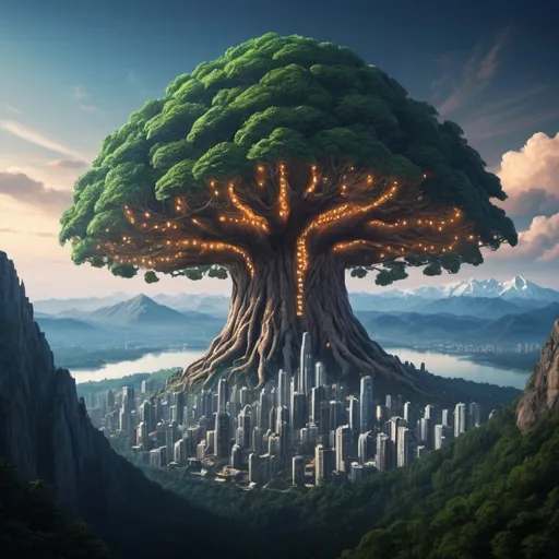 Prompt: Far off on the horizon and beyond mountains: a giant tree can be seen.  The tree is so big it makes a mountain look small.  The Tree is a futuristic city.  The trunk of the tree is covered in windows.  Make the giant tree bigger.
The Canopy lights up
